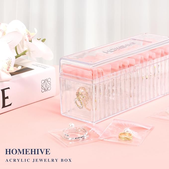 Acrylic Jewelry Box Organizer, Clear Jewelry Organizer Holder with 20 Portable Anti Tarnish Jewelry bags, Travel Jewelry Case for Earrings/Rings/Necklaces for Women Girls, Pink