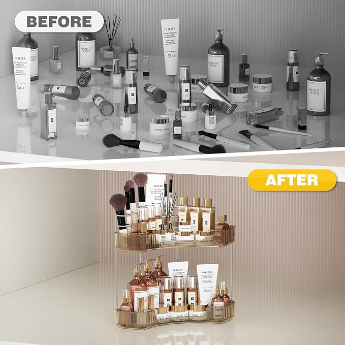 2-Tier Corner Bathroom Counter Organizer with Top Toothbrush Holders,Large Makeup Organizer Countertop with Brush Holder,Skincare Organizers Corner,Exquisite Vanity Organizer (Gold, 2 Tier)