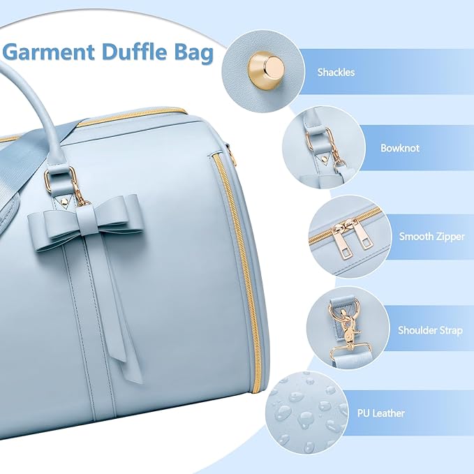 Travel Duffel Bag, Convertible Travel Garment Bag for Women, Fashion & Cute Carry On Duffle Bag w/Shoes Pouch, 2 in 1 Foldable PU Leather Hanging Duffle Bag, Single-Zipper Design, Blue