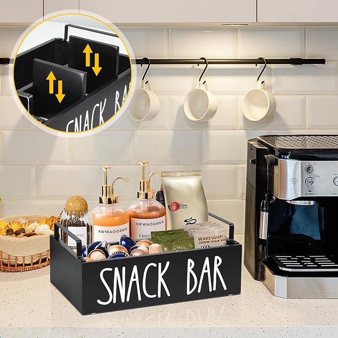 Snack Organizer for Countertop, Wood Pantry Storage Bins with Handles, Snack Bar Organizer for Pantry Shelf, Kitchen, 4 Compartment Food Container Snack Box, Pantry Organizer for Snacks, Chips(Black)