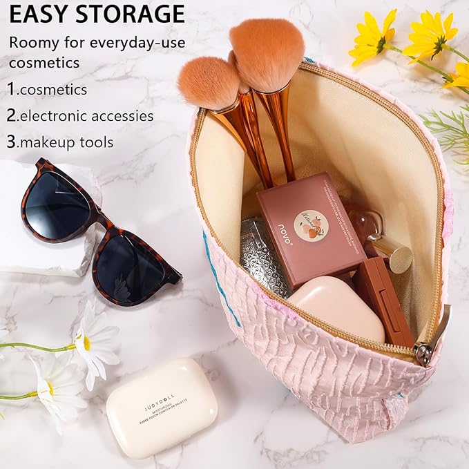 ZLFSRQ Tulip Makeup Bag Travel Cute Pink Flower Floral Cosmetic Bags for Women Large Embroidery Toiletry Pouch Zipper Cosmetic Pouch for Purse Aesthetic Makeup Organizer Bag Portable Toiletry Bags