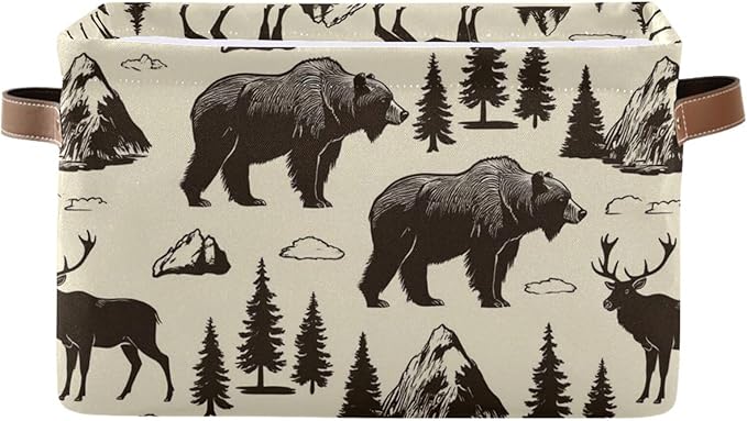 Aslsiy Storage Basket Vintage Deer Bear Moose Nursery Bins National Park Baby Box Canvas Clothes Shelf Basket Laundry Hamper for Home Closet 1 Pcs