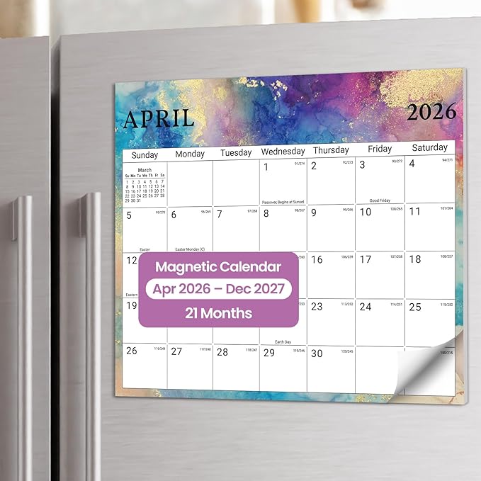Aesthetic 2026-2027 Magnetic Calendar for Refrigerator, 21-Month Fridge Calendar Magnet from April 2026 to December 2027, Easy Organizing, Gilded Elegance