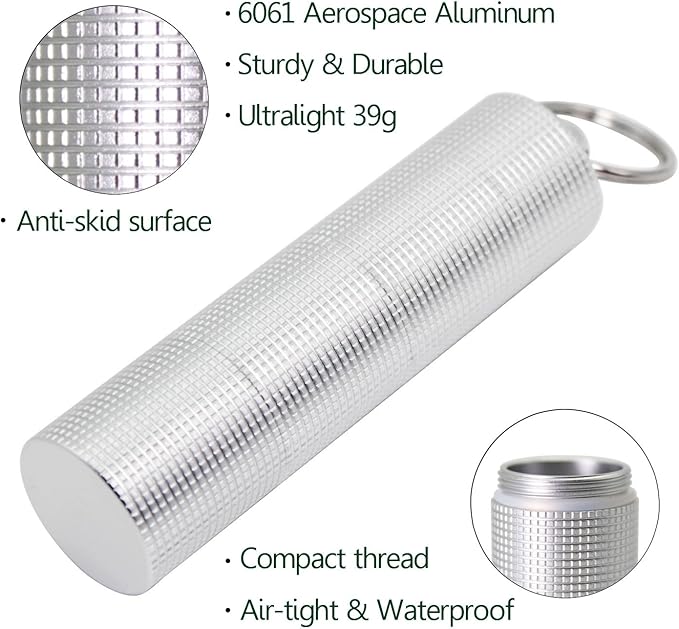 PPFISH Portable Daily Pill Case, 3 Compartments Anti-Skid Aluminum Alloy Waterproof Pill Box Dispenser, Small Pocket Pill Container, Keychain Pill Fob, Travel Pill Holder for Men Women
