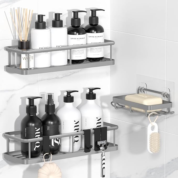 YASONIC Shower Caddy Adhesive, No Drill Bathroom Shower Organizers, with Removable Hooks and Soap Holder, Rust Proof Shower Shelves, Wall-Mounted Shower Holder, 3 Pack, Grey
