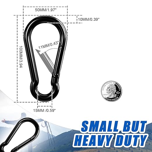 KINLINK 1 Pack Black Carabiner Clip, 4 inch Heavy Duty Spring Snap Hook, Caribeener Clips for Outdoor Camping, Swing Set, Hammock, Hiking Travel, Fishing, Weight Lifting Machine