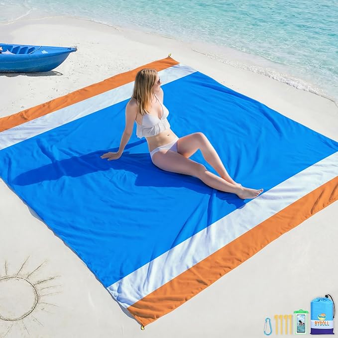 BYDOLL Beach Blanket Waterproof Sandproof Large Sand Free, 78''X110'' Oversized Sandless Lightweight Blanket Picnic Mat for Beach Travel Camping Hiking with Stakes