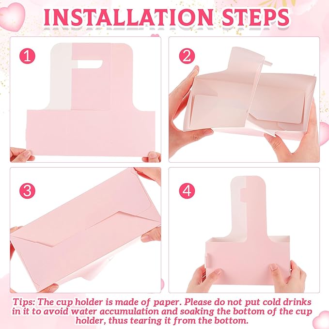 MotiMind 20 Pack Mother's Day 2 Cup Drink Carrier with Handle, Kraft Paperboard Teacher Cup Holder Portable for Hot Cold Drinks, Coffee Carrier Gift with Heart Card Rope (White,Pink)