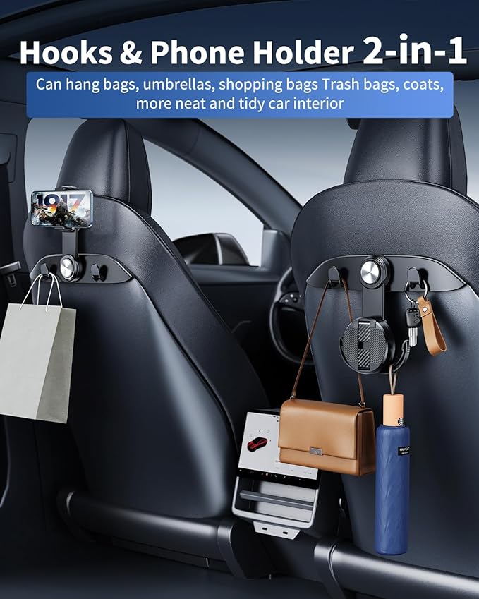 1 Pack Car Seat Hooks & Phone Mount for Tesla Model Y (Juniper) Model 3 (Highland) Accessories 2026 2025 2024 2023 2022 2021, Multifunction Clip Phone Holder | Car Seat Back Storage Hook Purse/Bag