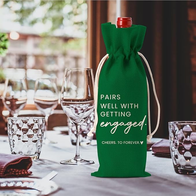 Engaged Gifts, Engagement Gifts for Couples Her, Engagement Party Decorations Gifts for Engaged Couple Wine Bag, Pairs Well with Getting Engaged Wine Bottle Bag（Green）