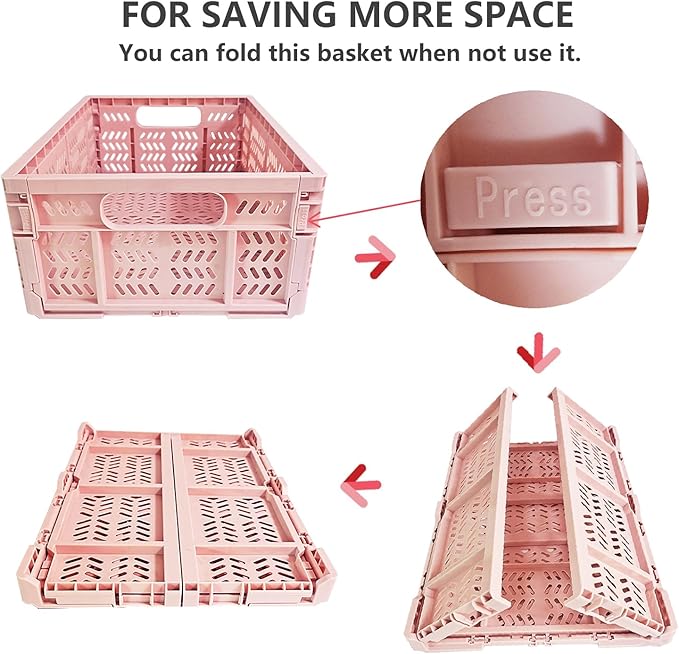 PTEREIW 20L Foldable Crates, 4Pack Plastic Baskets for Home and Office,Plastic Folding baskets,Collapsible Crates for Chrismas Gifts, Toys Storage. (Light Pink,15.7x11.8x6.3Inc)