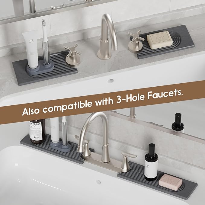 Faucet Mat for Kitchen Sink, Diatomite Quick Drying Tray, 15.8 Inch Kitchen Sink Splash Guard and Bathroom Stone Tray for Counter. Super Absorbent. Deep Grey.