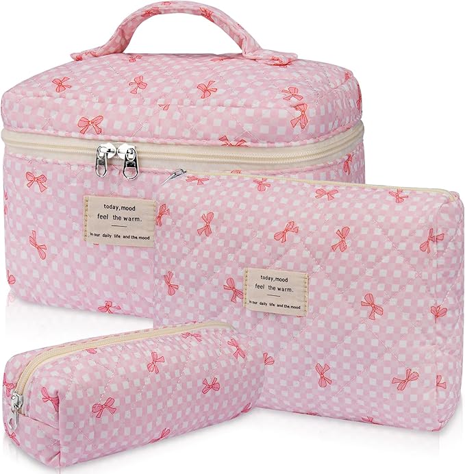 Makeup Bag Set, Cute Cosmetic Bag for Women Girls, Floral Coquette Aesthetic Toiletry Bag, Travel Make Up Organizer Bag（Pink Check）