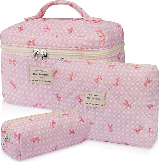 Makeup Bag Set, Cute Cosmetic Bag for Women Girls, Floral Coquette Aesthetic Toiletry Bag, Travel Make Up Organizer Bag（Pink Check）