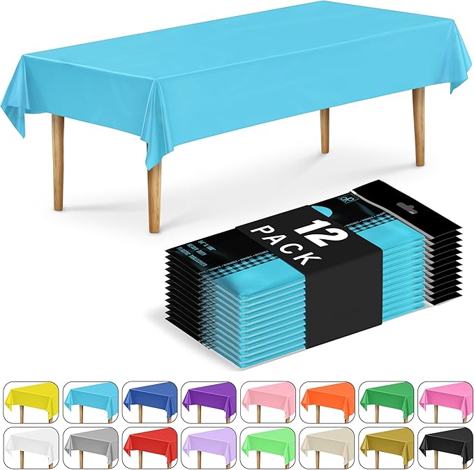DecorRack 12 Rectangular Tablecloths BPA-Free Plastic, 54 x 108 inch, Dining Table Cloth, Rectangle Table Cover for Parties, Picnic, Camping and Outdoor, Disposable or Reusable, Turquoise (12 Pack)