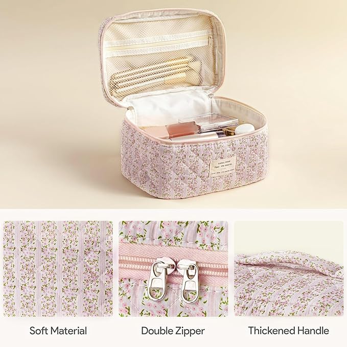 HBselect Quilted Makeup Bag, 3PCS Cotton Large Travel Makeup Bag, Cute Floral Coquette Make up Bag Cosmetic Bag Toiletry Bag for Women Girls
