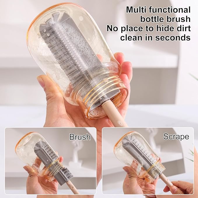 Baby Bottle Drying Rack，Travel Baby Bottle Drying Rack Set, Cleaner Kit with Silicone Bottle Brush,Straw Brush, Suitable for Home use or Traveling with Babies (Coffee Color)