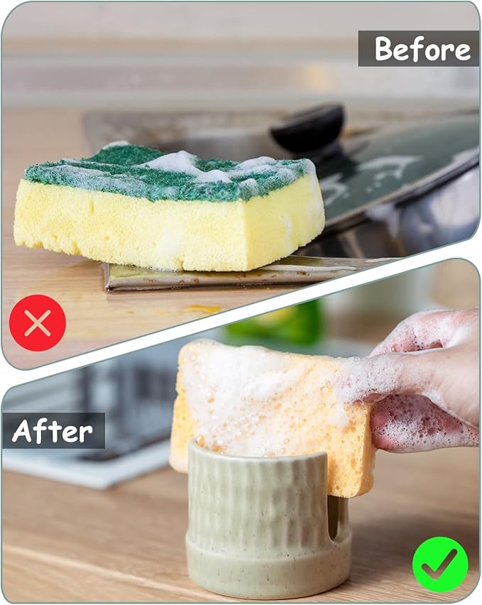 Kitchen Sponge Holder, Ceramic Sponge Dish Rack Sink Scrub Caddy for Scrubbers, Bathroom, Cute Kitchen Gadget Organizer, Yellow