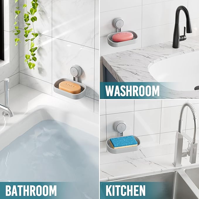 TAILI Soap Dish Bar Holder Suction Cup, SoapSaver with Powerful Vacuum Suction, Sponge Holder for Shower, Bathroom, Tub and Kitchen Sink, Universal Shower Accessories, Drill-Free, Removable, 2 Pack, Grey