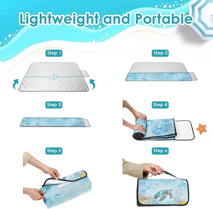 Waterproof Picnic Outdoor Blanket, 79" x 59" Sandproof Foldable Large Picnic Blanket for Beach, Camping, Park, Travel, Concert, Great Gift for Families and Couples (Blue Cute Turtle)