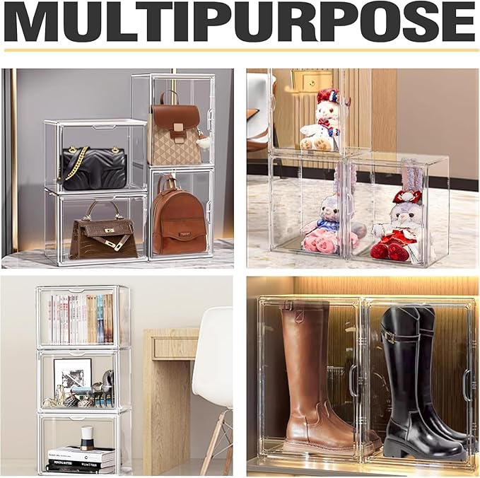 XX-Large Acrylic Display Case 11.4'' x 9.8'' x 15.3'', Boot Boxes for Tall Boots Size 15, Large Sneaker Shoe Box Clear Stackable Storage Boxes for Collectibles Handbag Organizer with Magnetic Lids