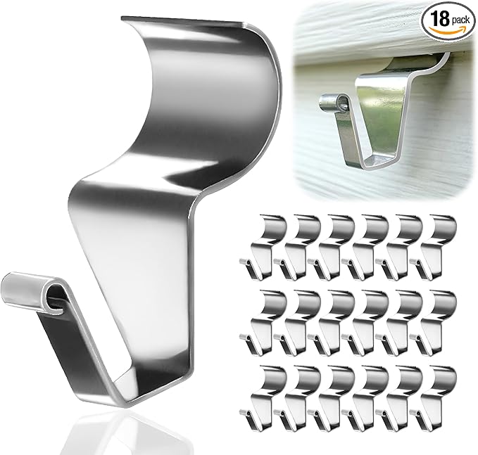 Aminigram 18 Pack Vinyl Siding Hooks Hanger, Siding Hooks for Hanging Outdoor, No Hole Siding Clips to Hang Things, Heavy Duty Stainless Steel Decor Hooks for Siding