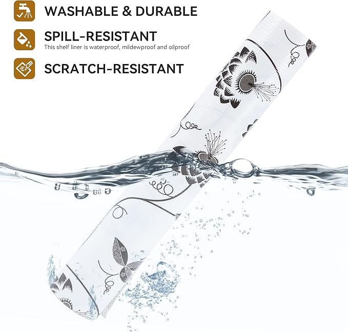 【Upgrade Version】 RAY STAR 12 Inch x 10 Feet Shelf Liner, Non Adhesive Black Leaves Floral Cabinet Liner for Pantry Drawer Vanity, Strong Grip Non Slip, Shelf Liners for Kitchen Cabinets Cupboard