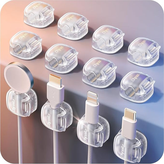 Cable Clips, 12-Pack Cord Holder Cord Organizer [1s Lock & Strongest Adhesive] Spring Cord Clips for Phone Charger Wire, Desk Cable Management, Nightstand, Home Office, School Decor, Women's Desk, Transparent Clear