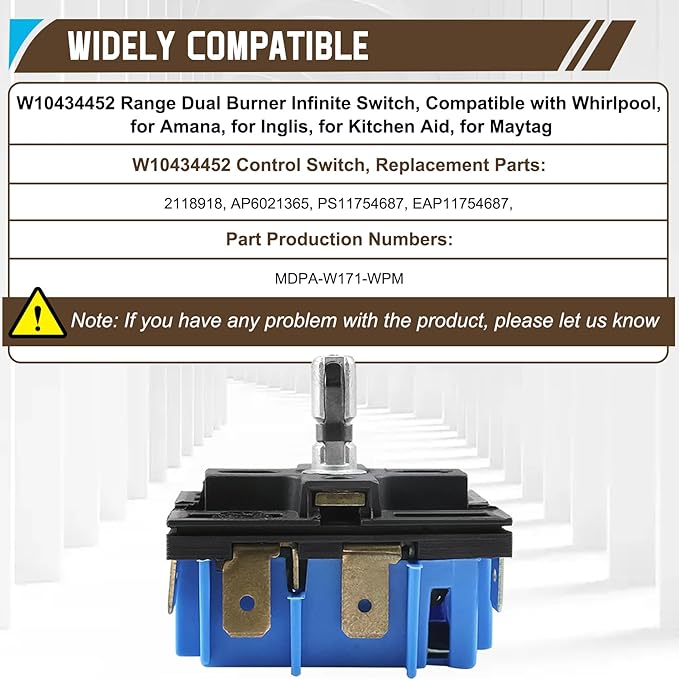 W10434452 WPW10434452 Dual Burner Infinite Switch Replace Parts for PS11754687 PS3503258 AH3503258 EA3503258 AP6021365 2118918 Fits for Whirpool and Other Ranges Stoves