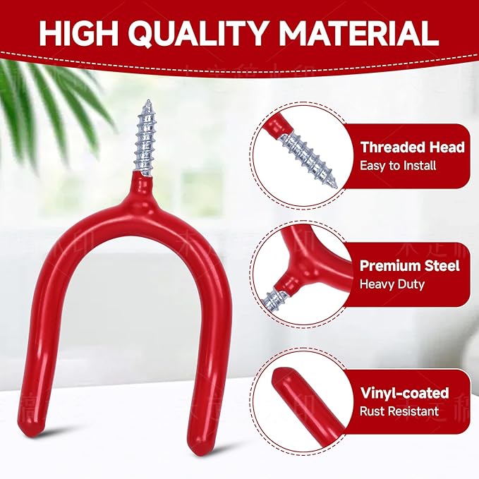 Lian.Ripple.Lian 6 Pack Garage Storage System Steel U Hooks with Anti-Slip Coating Home Improvement and Organization Screw in Hooks Easy Wall Mounting Heavy Duty Bike and Ladder (Red, 6 Pack)