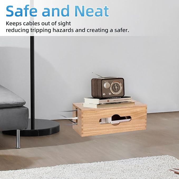 3-Piece Wooden Cable Management Box Kit: Wooden Cable Hider Storage Box Cord Organizer to Hide Cords & Wires for Desk Organization Protector Box for Home Office Kitchen Desk TV Computer Wires (S + M + L)