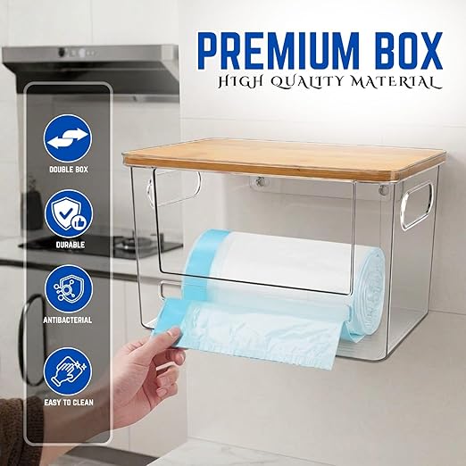 Acrylic Trash Bag Dispenser, Stackable Garbage Bag Organizer & Holder Dispenser, Clear Trash Bag Organizer for Under Sink, Kitchen Drawer Storage, Dishwasher Pods Container & Bag Holder