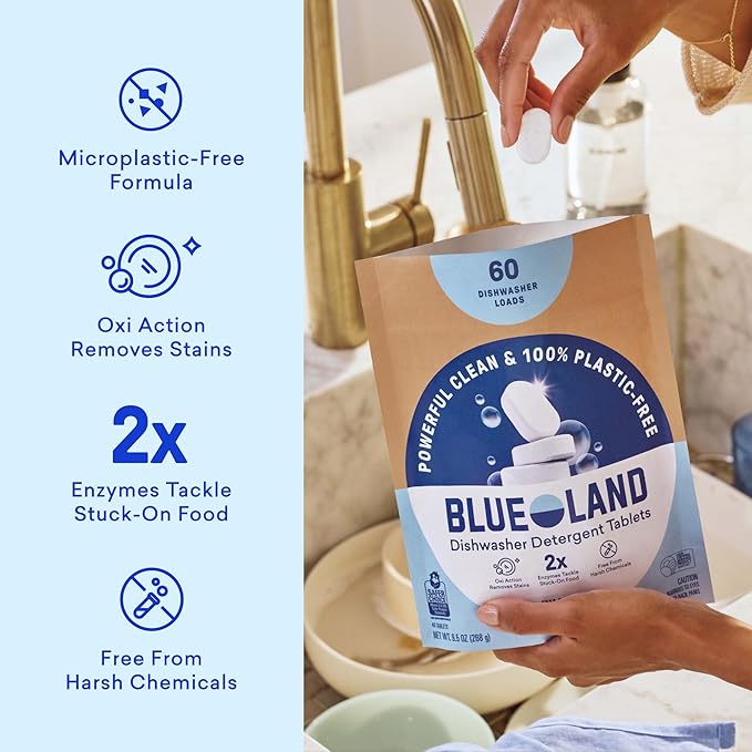 BLUELAND 100% Plastic-Free Dishwasher Detergent Tablets, Starter Set, 60 Count with tin, Free & Clear, Eco-Friendly Dishwashing Pods, Natural, USDA Certified biobased