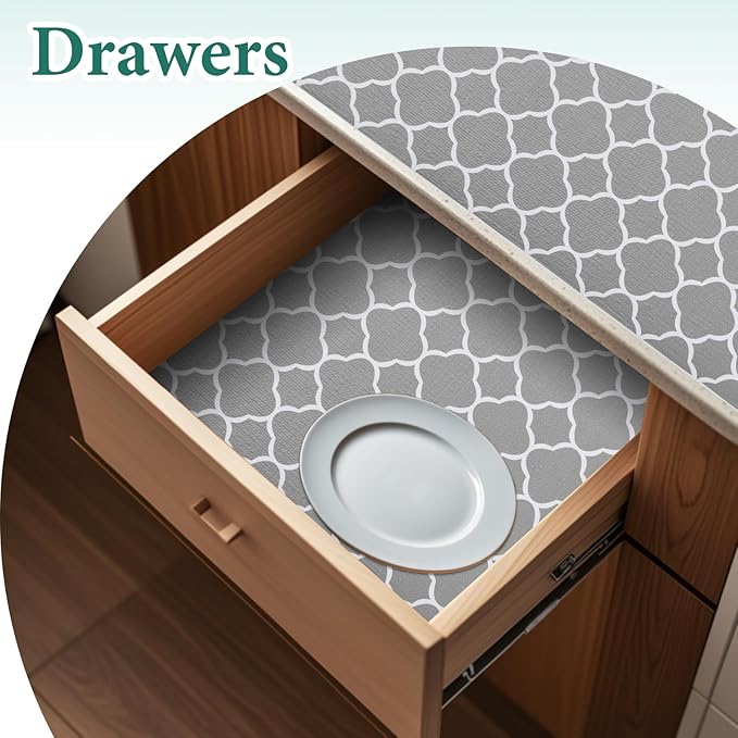 Shelf Liners for Kitchen Cabinets 17.3in x 30FT Non Adhesive Drawer Liner Gray Quatrefoil Thickened Shelf Liner Strong Non-Slip Easy to Clean for Tool Box Refrigerator with Knife and Tape Measure