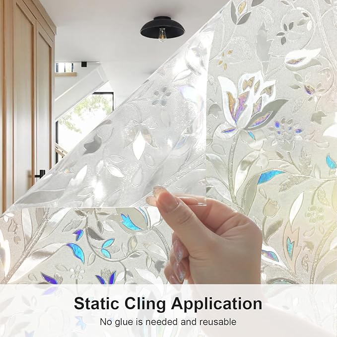 Window Privacy Film, 3D Rainbow Decorative Stained Glass Film, Sun Blocking Windows Clings, Static Cling Frosted Glass Windows Sticker Door Covering for Home (Tulip, 35.4" x 78.7")