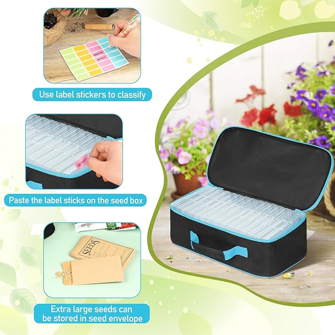 FACULX 15 Slots Seed Storage Organizer Box with 20 Seed Envelopes, Large Capacity Seeds Storage Container with Zipper Bag Label Stickers, Seeds Saving Container for Garden Vegetable and Flower (Blue)