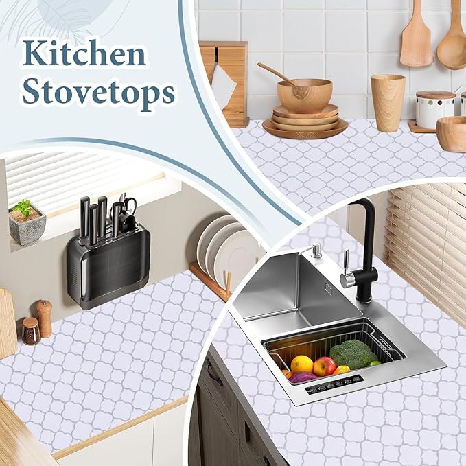 Shelf Liners for Kitchen Cabinets 17in x 20FT Non Adhesive Drawer Liner Silver Quatrefoil Shelf Liner Paper Strong Non-Slip Easy to Clean for Tool Box Refrigerator with Knife and Tape Measure
