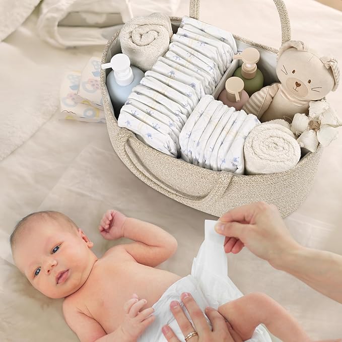 Baby Diaper Caddy Organizer, Cotton Rope Diaper Basket, Baby Basket for Changing Table, Nursery, Car, Changing Table Storage Bin With Removable Divider, Baby Shower Gifts for Newborn, Baby Essentials