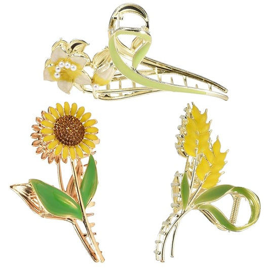 3-Piece Floral Metal Hair Clips, Sunflower Lily Wheat Designs for Thin/Medium Thick Hair, Elegant Barrettes With Strong Hold Non-Slip Clamps, Cute Catch Accessories