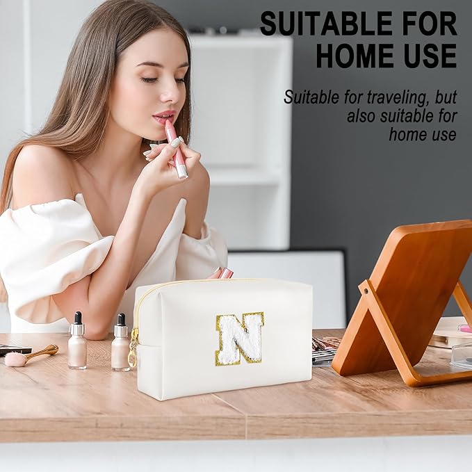 Gifts for Girls Initial Makeup Bag Personalized Cosmetic Bag with Zipper Cute Travel Toiletry Bags Waterproof PU Preppy Makeup Pouch Birthday Gift for Teen Girls Women(White N)