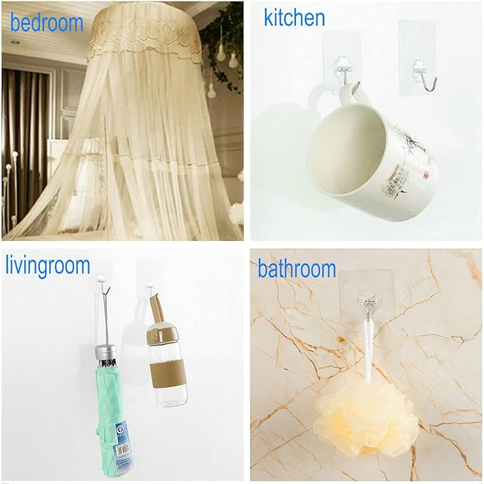 12 Pack Heavy Duty Self Adhesive Hooks - 33lb Max, Transparent, Waterproof, Sticky Wall Hooks for Keys, Bathroom, Shower, Outdoor, Kitchen, Door, Home Improvement, Utility