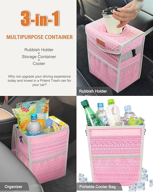 Pritent Car Trash Can with Lid, Cute Leakproof Car Trash Garbage Bag Hanging Vehicle Trash Bin Small Portable Automotive Garbage Cans Organizer for Back/Front Seat/Console(2.8 Gallons,Pink Print)