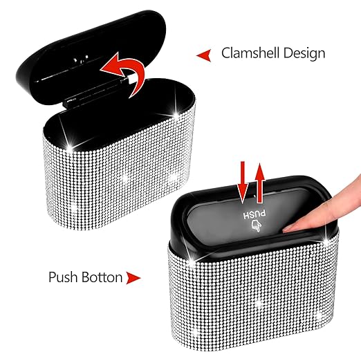 NBTEPEM Bling Car Trash Can with Lid, Mini Auto Garbage Can with 30 Trash Bags, Leakproof Automotive Garbage Container Bin, Bling Car Accessories Trash Can for Women (Silver Diamond)