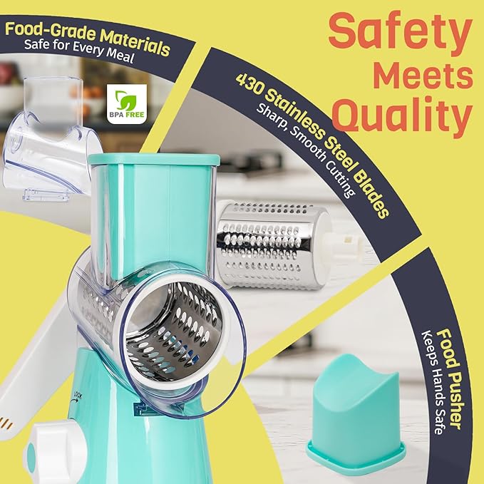 Cheese Grater Hand Crank, Rotary Cheese Shredder with 3 Interchangeable Blades for Coarse, Fine Shredding and Slicing, Strong Suction Base for Pizza, Pasta, Salad, Vegetables, Nuts, Chocolate