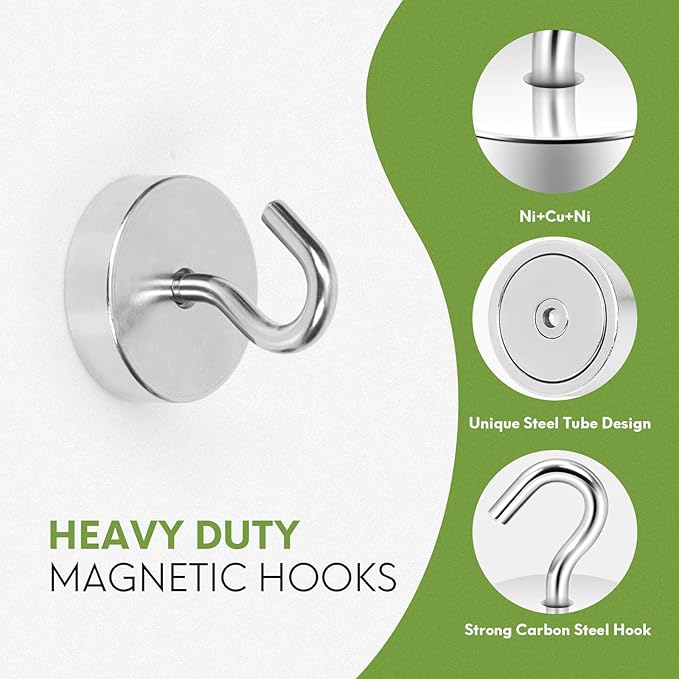 Neosmuk Magnetic Hooks, Cruise Ship Essentials, 80lb+ Heavy Duty Magnetic Hooks for Cruise Cabins, Refrigerator, Grill, Hanging, and Travel | Extra Strong Must-Haves Magnet Hook,Silver (Pack of 2)