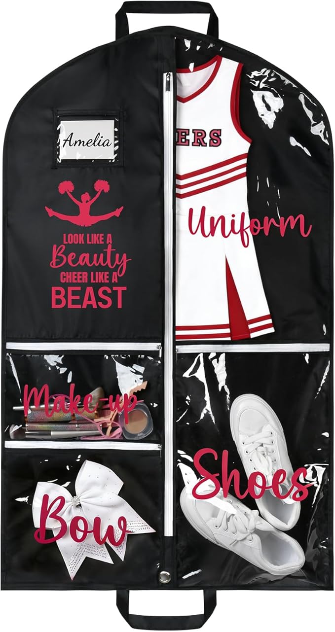 DEEKA Cheer Garment Bag for Hanging Clothes with Zipper Pockets Cheer Accessories Mom Essentials Uniform Costume 40 Inch Black Bags Stuff for Cheerleading Girls (Black,Red-Cheer Quote)