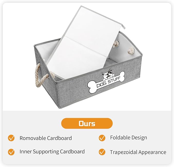 Collapsible Fabric Dog Toy Box and Storage Bin With Handle - Trapezoid Basket Chest Organizer for Pet Toys, Blankets and Accessories,Light Grey