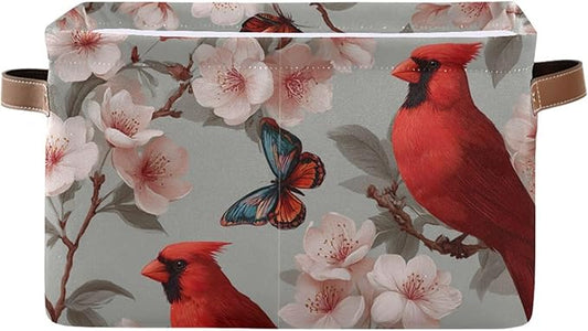 Aslsiy Storage Basket Cardinal Blooming Cherry Nursery Bins Butterfly Baby Box Canvas Clothes Shelf Basket Laundry Hamper Gift Basket for Home Closet 1 Pcs