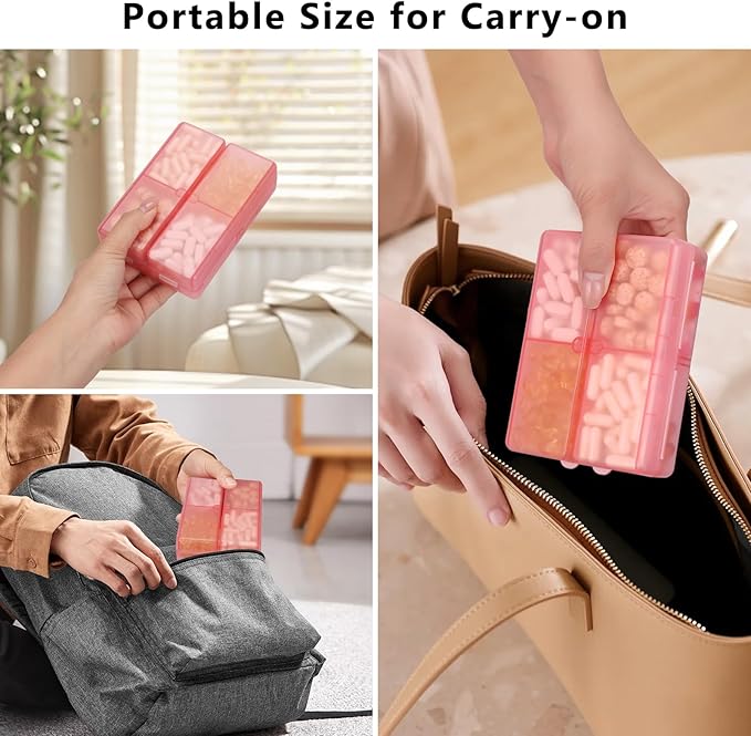 FYY Daily Pill Organizer,7 Compartments Portable Pill Case Travel Pill Organizer,[Folding Design] Large Pill Box for Purse Pocket to Hold Vitamins,Cod Liver Oil,Supplements and Medication-Clear Red
