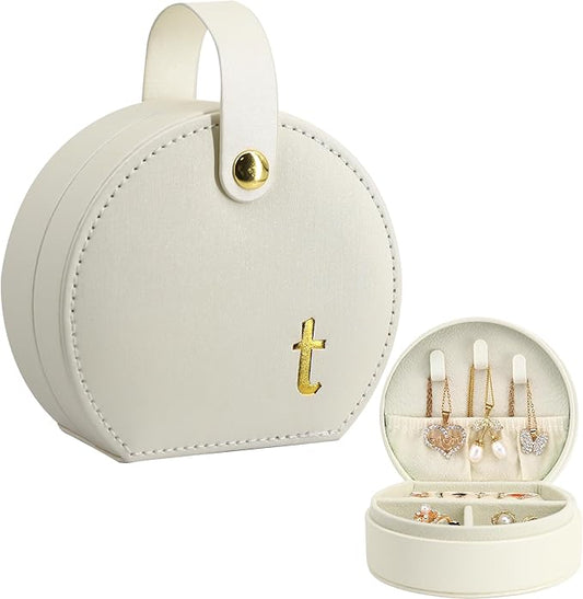 COLLECTIVE HOME - Travel Jewelry Case, Elegant Half-Moon Design with Gold Monogram, Detachable Handle, Personalized Accessory Organizer, Gift for Fashion-Forward Women and Teens (t)